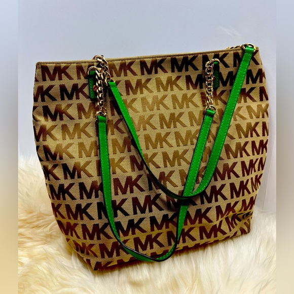 MICHAEL Michael Kors Handbags - Michael Michael Kors Monogram Canvas Tote Emerald Green Chain and Leather Straps